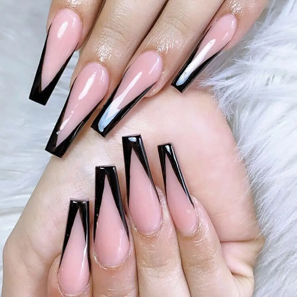 

Ballerina Artificial Detachable Manicure Tool Black French Long Coffin False Nails Nail Tips Fake Nails Wearable