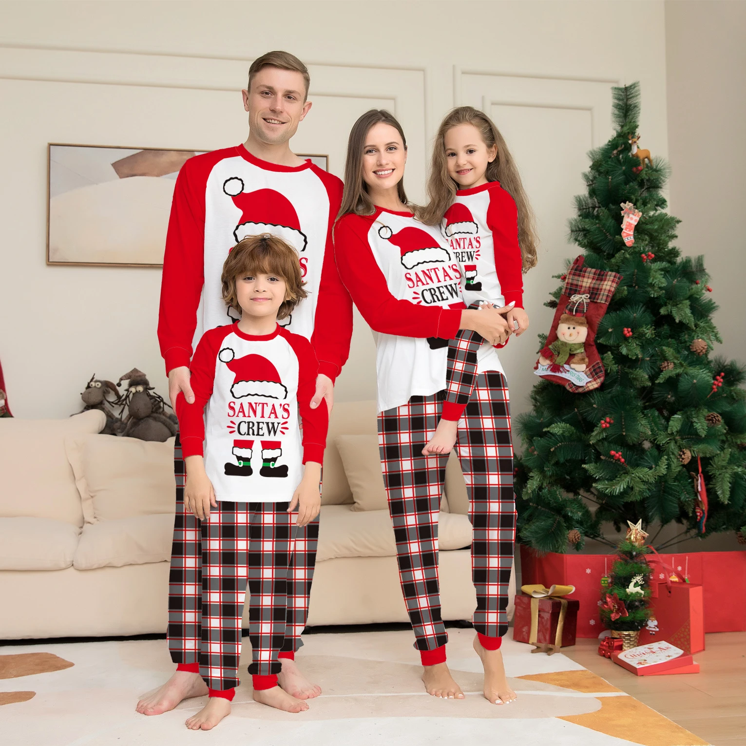 

New Christmas Parent-child Suit Deer Head Print Home Clothes Plaid Two-piece Pajamas Family Matching Outfits Christmas Pajamas