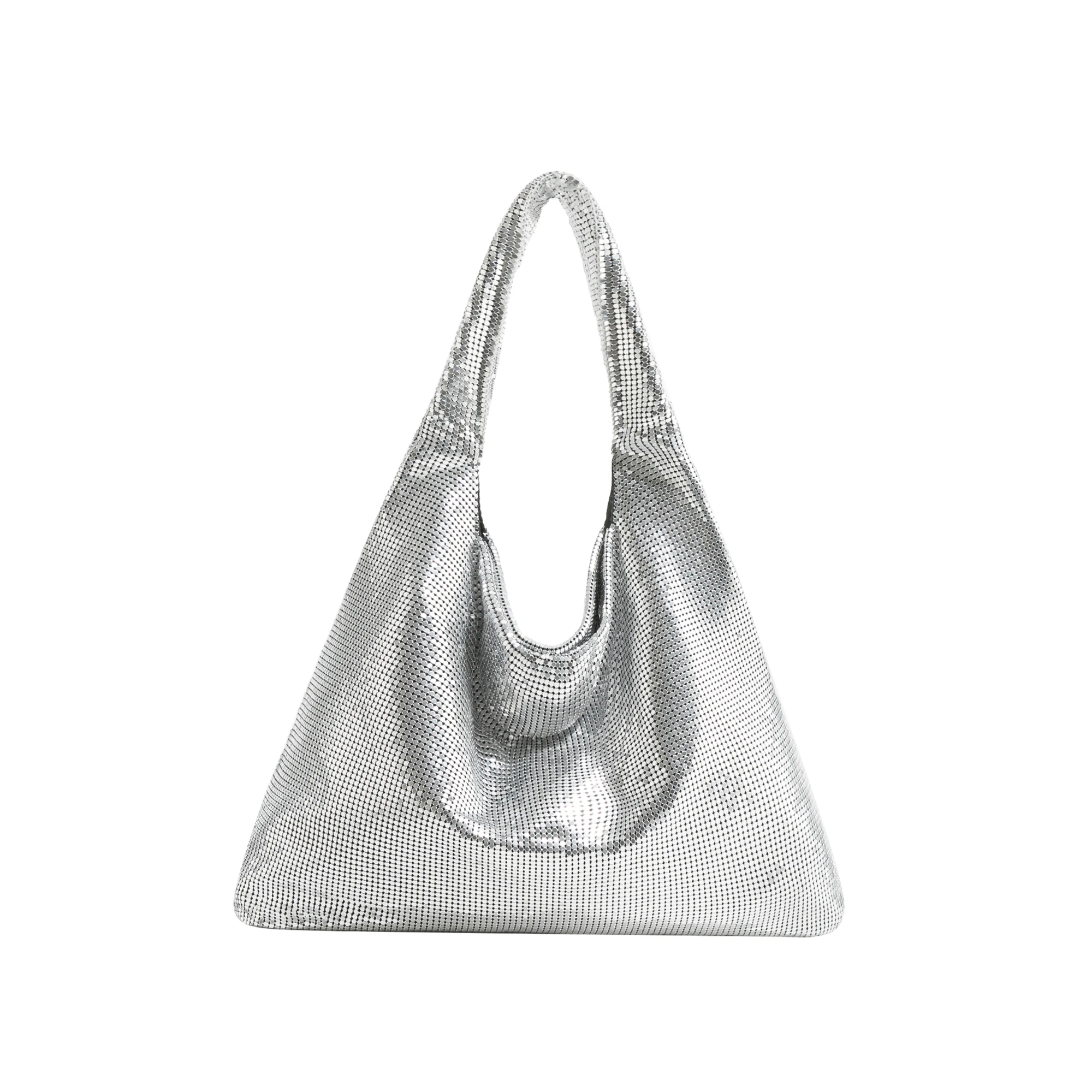 Fashion Metal Mesh Women Shoulder Bags Designer Silver Handbag Shinny Wide Strap Evening Bag Glitter Large Tote Party Purse 2023