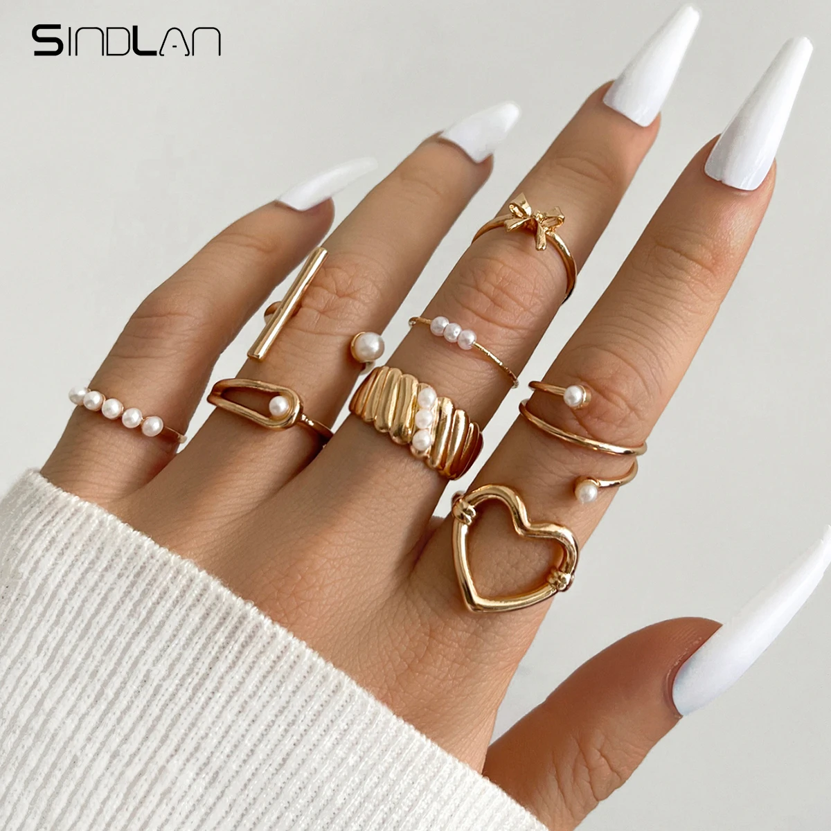 

Sindlan 8Pcs Vintage Gold Color Heart Rings for Women Aesthetic Pearl Set Geometric Female Korean Fashion Jewelry Anillos Mujer