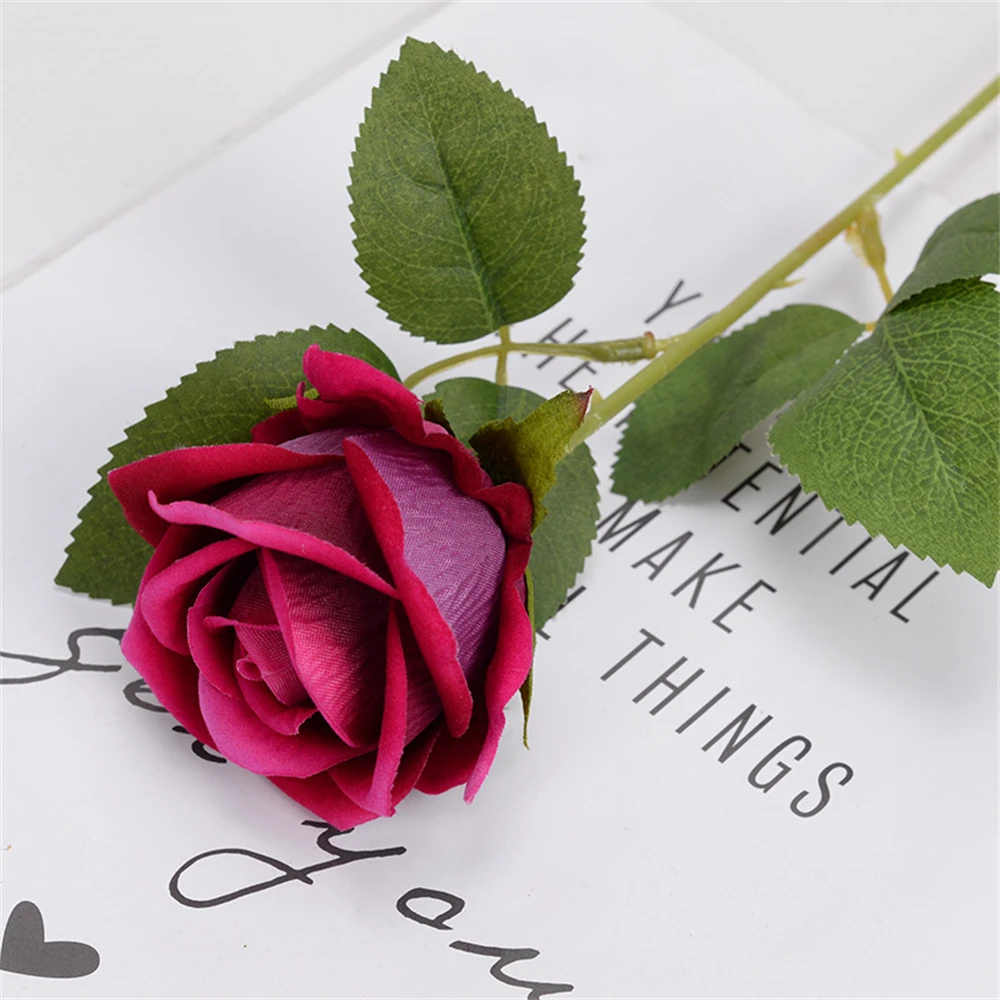 

Real Touch Diy Artificial Rose Bouquet Valentine's Day Gift Fake Flower Wedding Single Branch Flannelette Silk Rose Small
