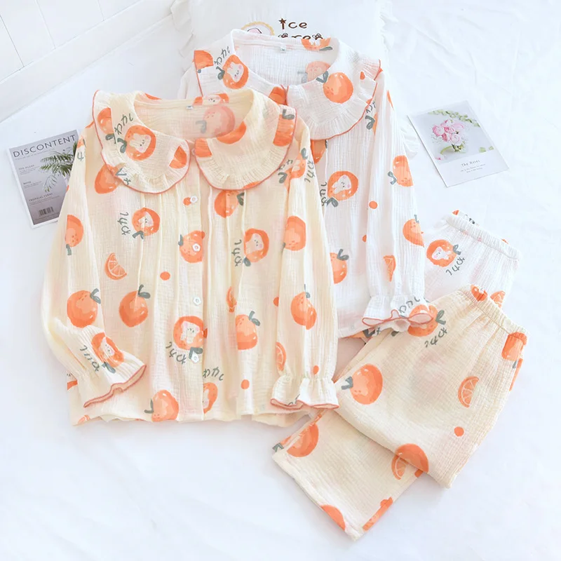 

Japanese spring and autumn new style 100% cotton crepe cloth ladies pajamas long sleeve lace collar cute home service suit