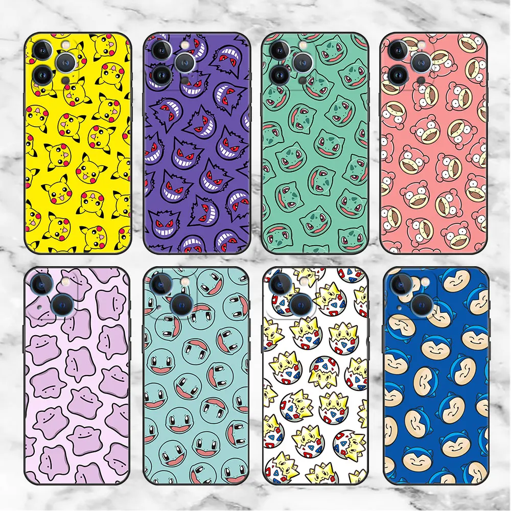 

Case For Apple iPhone 11 13 14 12 Pro 7 Plus XR X XS Max 6 6S 13Pro Max Black Silicone Phone Funda Pokemon Pikachu Cartoon