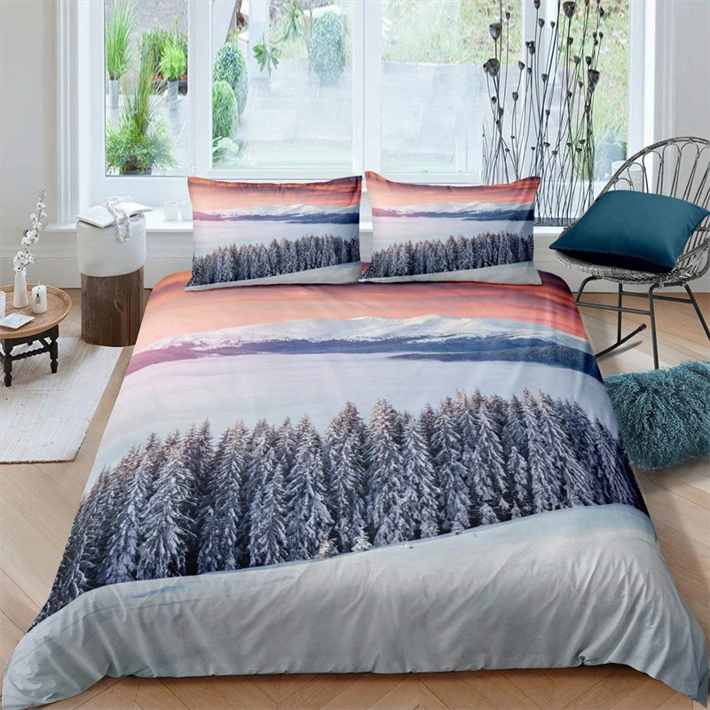 

Snow Mountain Comforter Cover, Sunset Rolling Mountain Bedding Set for Kids Boys Girls, Pine Taiga Trees Duvet Cover, Natural