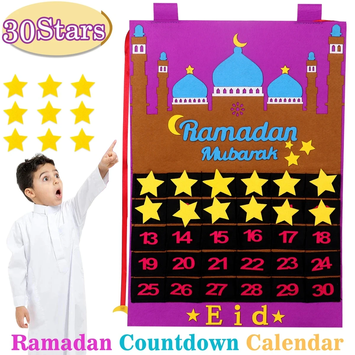 

Eid Mubarak Hanging Felt Countdown Calendar for Kids Gifts Ramadan Decoration for Home Muslim Islamic Party Supplies Aid AL Adha