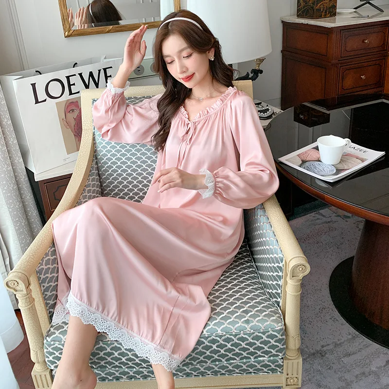 

Lady Nightdress Spring New Long Sleeve Mid-calf Bathrobe Elegant Palace Style Nightgown Sleepwear Thin Soft Rayon Home Dress