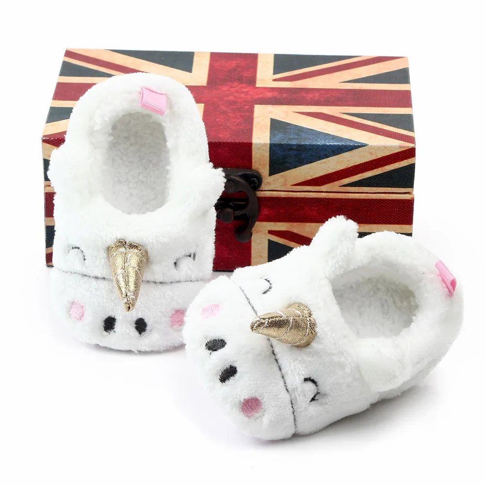 

Newborn Baby Cartoon Unicorn Shoes Cute Fluffy Slippers Winter Warm Fur Toddler Infant Non-slip Footwear Crib Soft-Soled Shoes