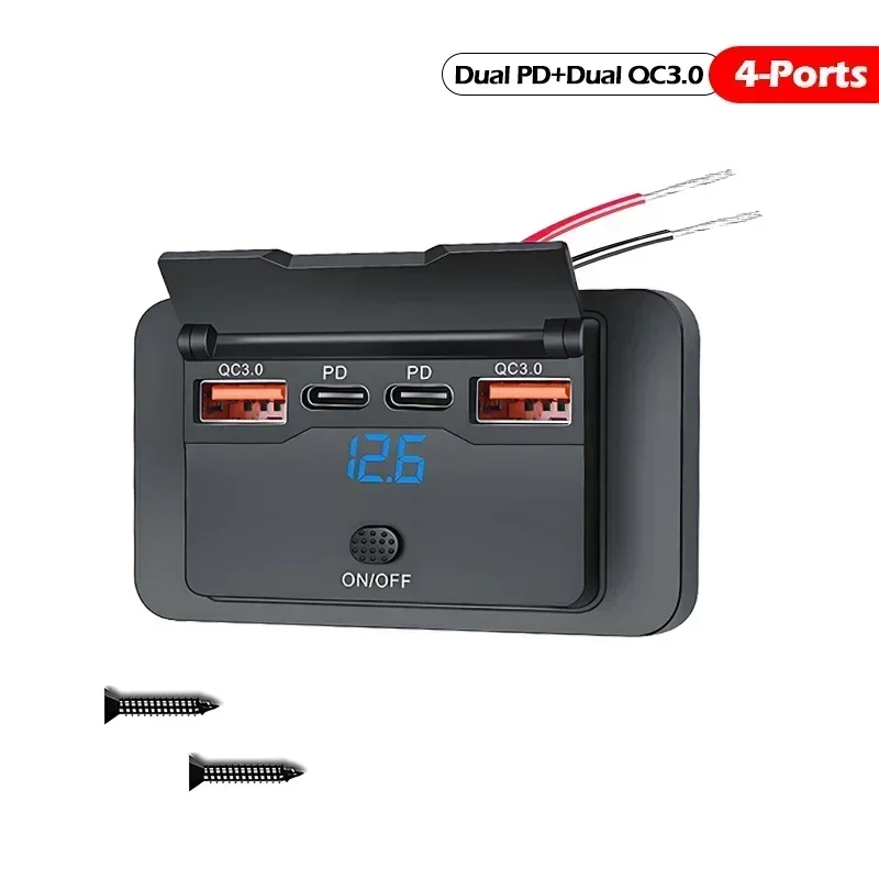 

2026 Модернизированная розетка 12 В/24 В RV USB с двумя портами QC3.0 USB-A и Type-c USB-C Автомобильное зарядное устройство Панель розеток для автомобиля Лодка Морской грузовик Автобус