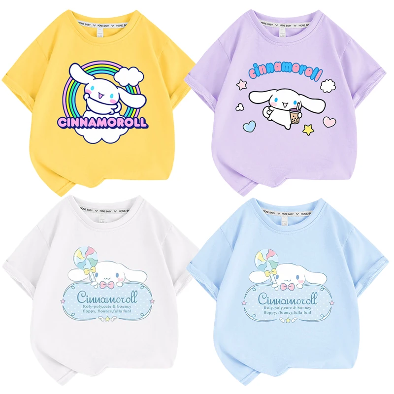 

Sanrios аниме милый детский топ одежда Cinnamoroll Детская футболка с коротким рукавом мультяшный милый Kawaii летняя с коротким рукавом для девочек