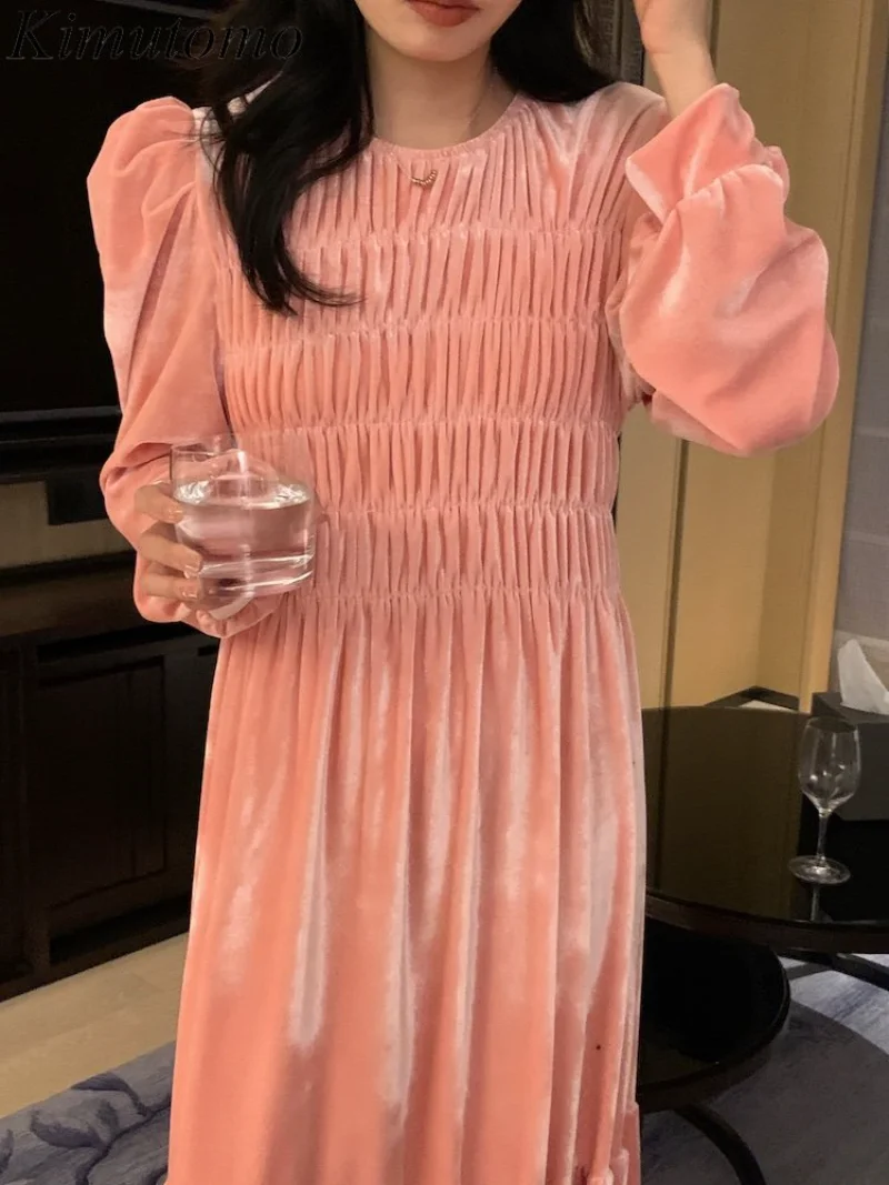 

Винтажное свободное платье Kimutomo со складками, однотонное бархатное платье, женское элегантное плиссированное платье с О-образным вырезом и...