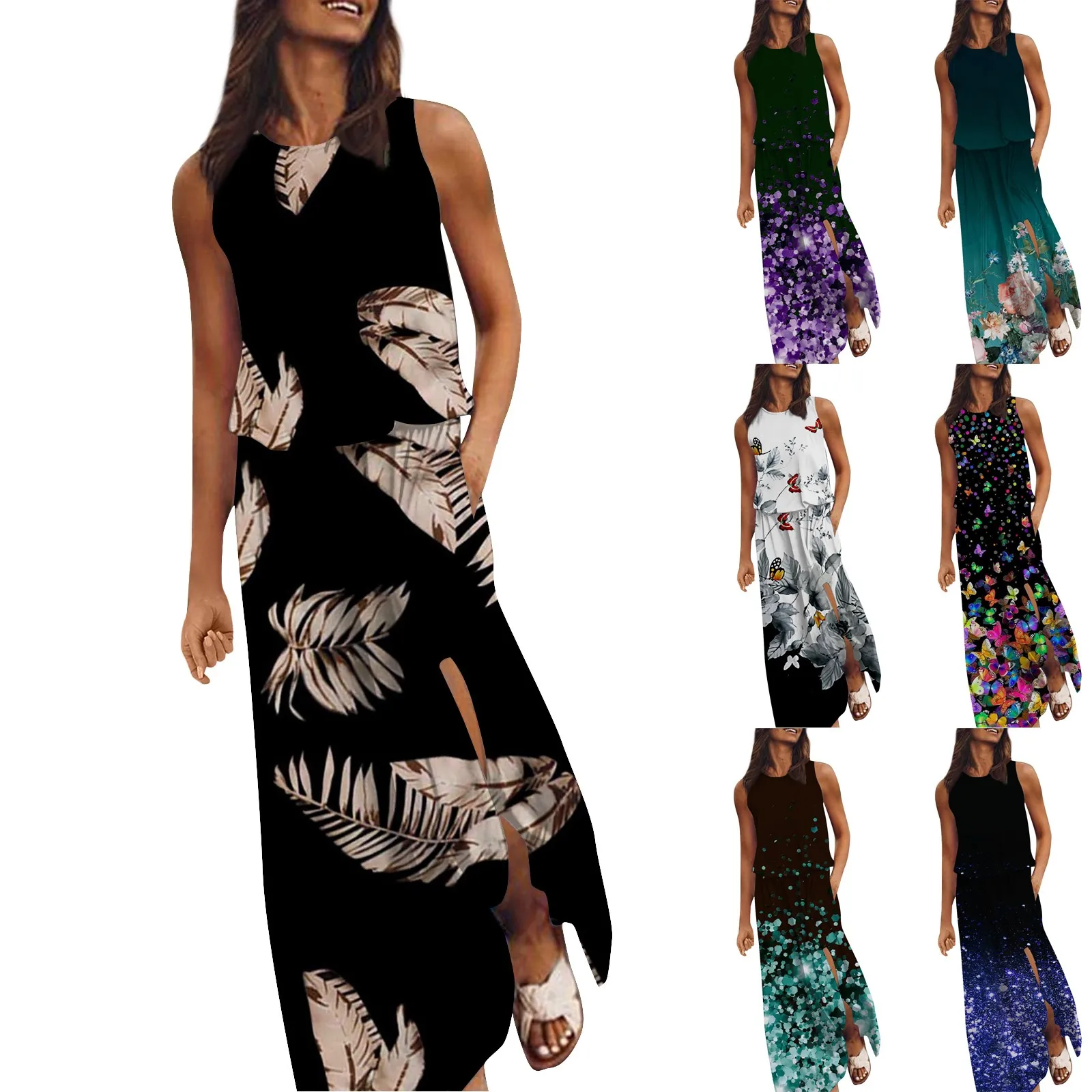 

Women Printed Dress Summer Sleeveless With Elastic Waistband Stitching Day Independence Day Dress Sling Pullover beach Vestidos