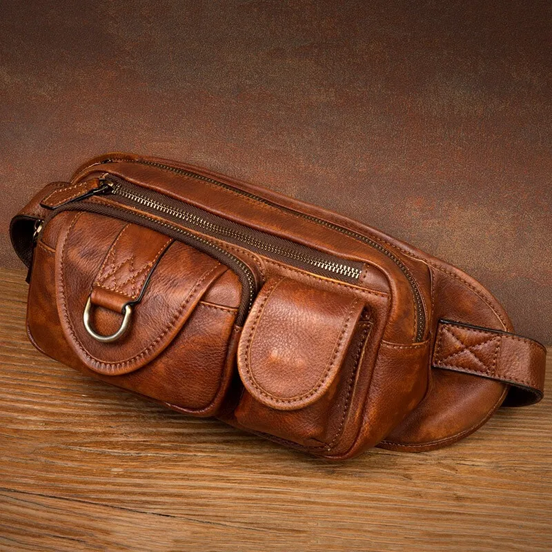 

Трендовая нагрудная сумка Slow Time/Mantime из натуральной кожи в стиле ретро, мужская сумка, многофункциональная поясная сумка из воловьей кожи пе...