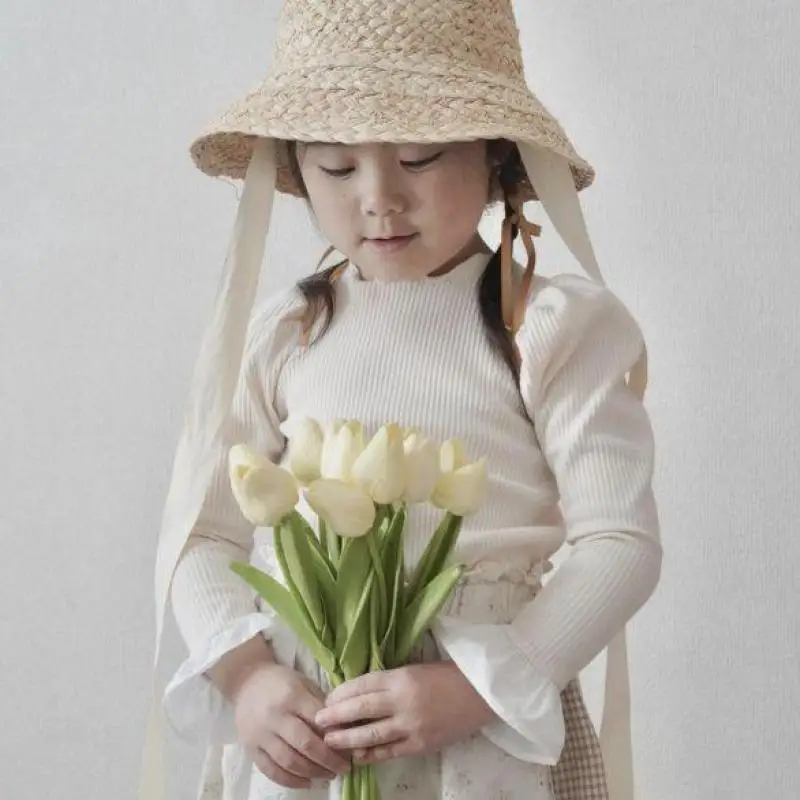 

Spring Autumn Girl Children Knitted Ribbed Puff Sleeves T-shirt Baby Ruffle Sold Pit Striped Casual Tops Kid Cotton Fashion Tops