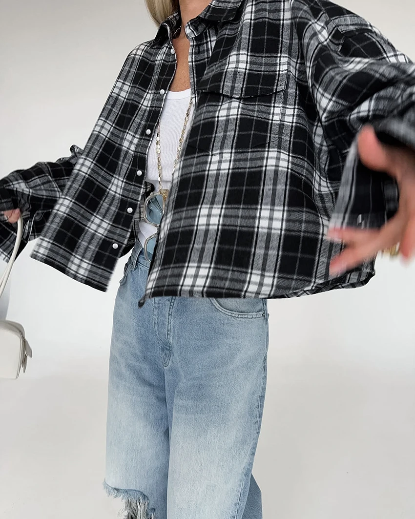 Блузка женская уличная в клетку Классическая Повседневная Свободная