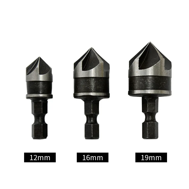 

3PCS/Set 1/4" 12/16/19mm Five-edged Carbon Steel Quick Change Hex Shank Countersink Boring Set 90° Chamfering Holes Drill Bit