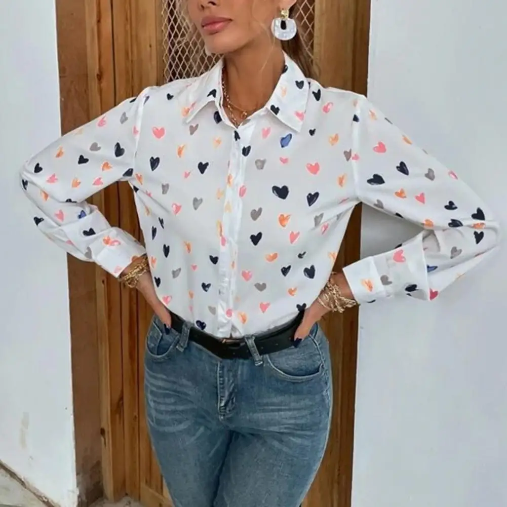 

Women Love Print Blouse Chic Women's Lapel Long Sleeve Shirt Heart Butterflies Print Single Breasted Spring for Fashionable