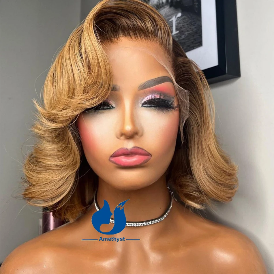 Amethyst 27 Blonde Wavy Human Hair Bob Wigs With Root For Women Brazilian Remy 13X4 Lace Frontal Wig Pre Plucked Side Part 150%