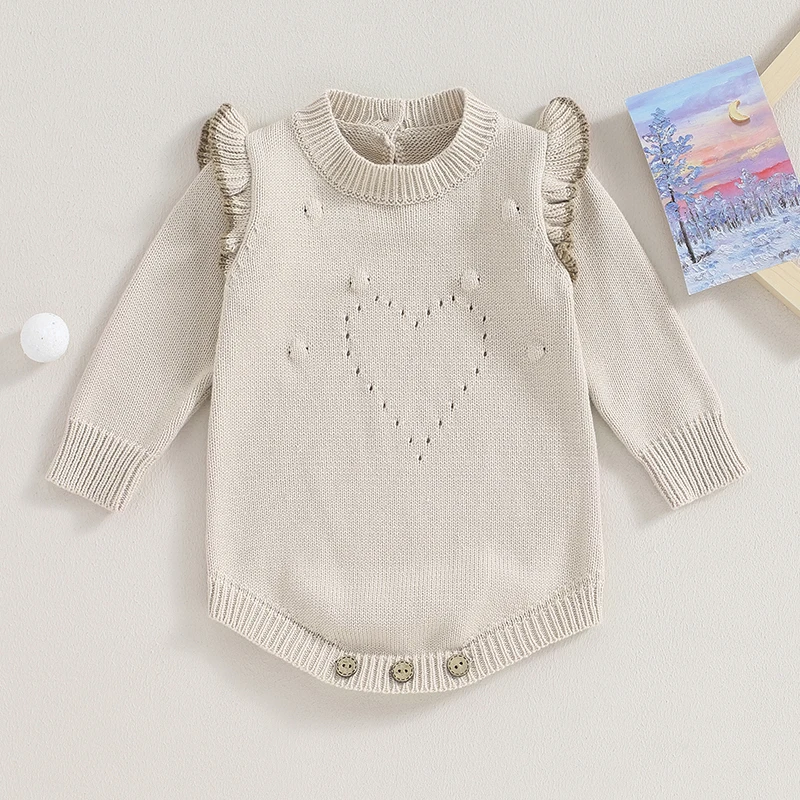 

Baby Girls Autumn Winter Sweater Romper Pink Long Sleeve Heart Print Knit Romper