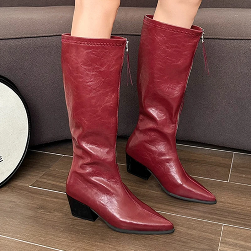 Женские высокие сапоги с острым носком туфли до колена на высоком каблуке