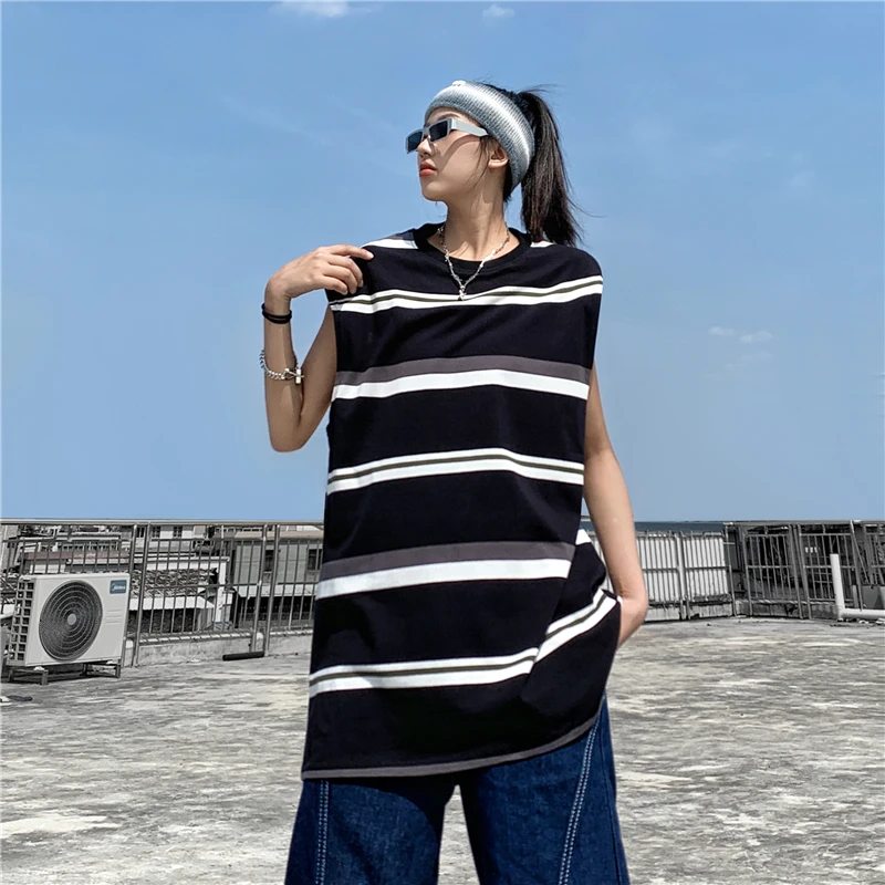 

Harajuku Lady O Neck Stripe Street Long Tank Top Female Casual Loose Striped Cotton Tank Tops Summer Korean Fashion Clothes