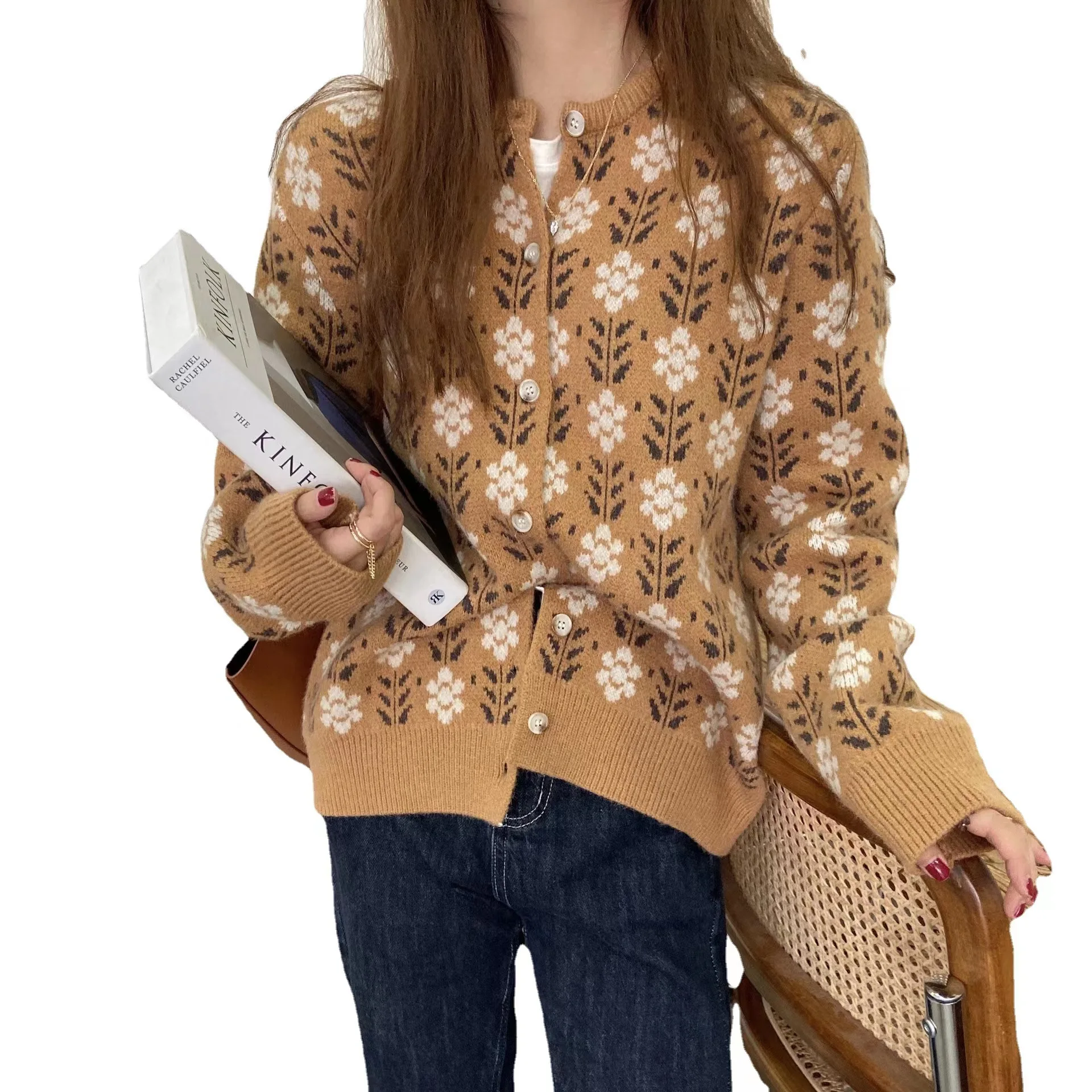 

Floral Sweater Coat for Women 2022 Autumn Retro Loose Outer Wear Versatile Knitted Cardigan Long Sleeve Top Sweater Mujer Tops