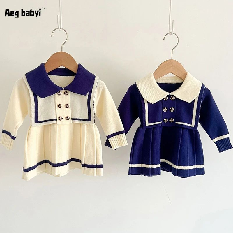 

Baby Girls Dress Autumn Knitted Pleated Skirt Korean Long Sleeves Toddler Kids Soft Princess Dresses Spring Girls Clothes 0-4Y