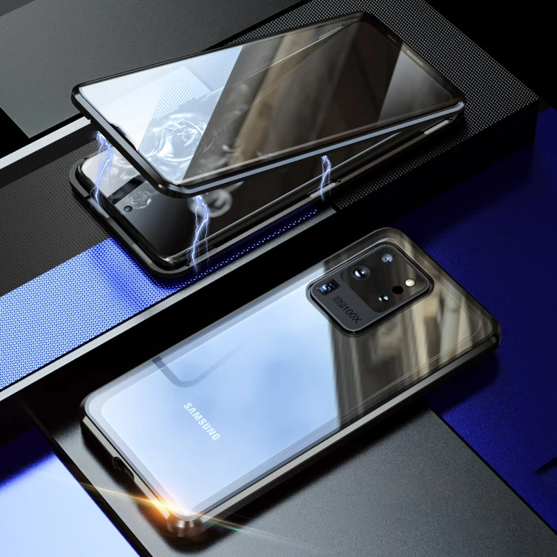 

Магнитный металлический чехол, двухстороннее закаленное стекло для Samsung S22 S21FE Ultra Plus A12 A22 A52 A72 A32 A53, чехол, Прозрачный бампер