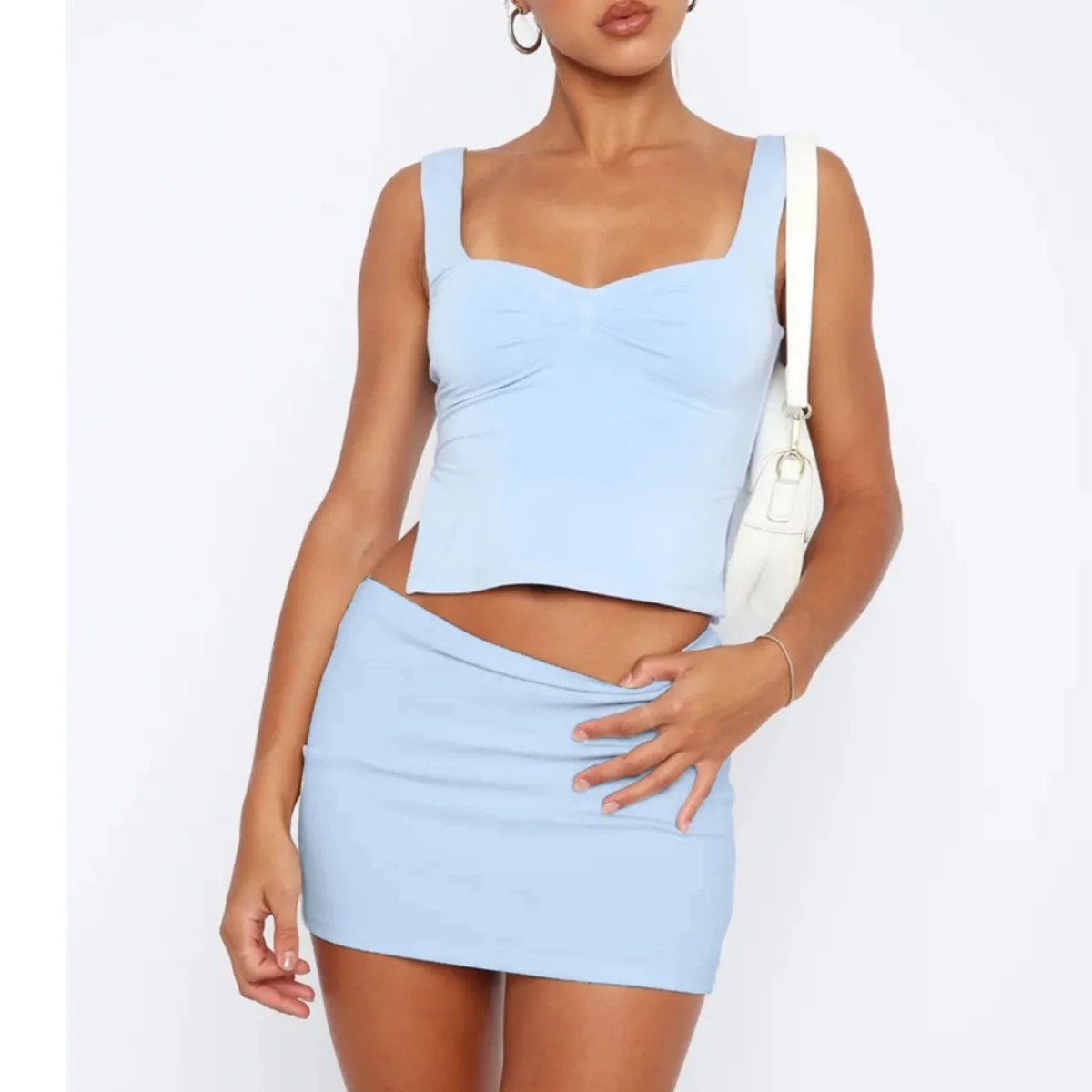 

Female Casual Street Bodycon Summer Outfits Solid Women Sleeveless Backless Ruched Crop Tops Wrapped Mini Skirt Set Clubwear