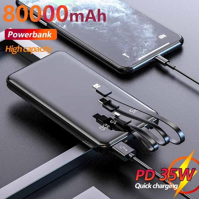 

80000mAh Power Bank Digital Display External Battery Charger With charging cable Fast Charging Portable Power Bank Charger