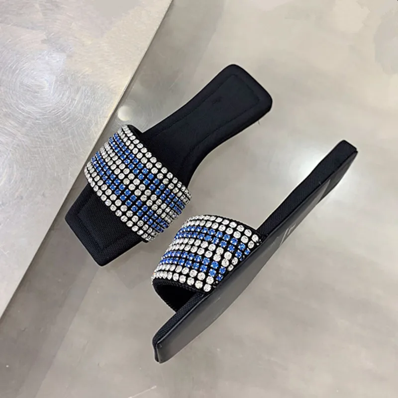 

Fashion Rhinestone Slippers Women 2022 Summer New Square Head Outer Wear Beach Sandals Flip Flops Casual Flats Ladies Shoes