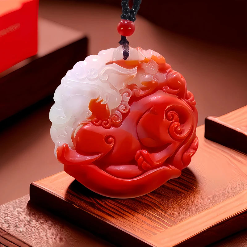 Ожерелье с натуральным нефритом красного и белого цвета мужское ожерелье камнем