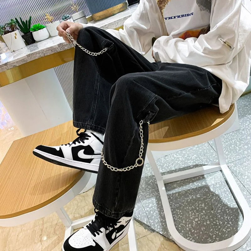 DEEPTOWN Vintage Chain Jeans for Men Hip Hop Streetwear Denim Straight Pants Black Loose Casual Trousers Male Japanese Spring
