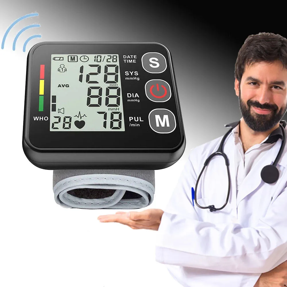 Monitor Digital de presión arterial, tonómetro médico automático con voz de muñeca, pulsómetro, Memoria esfigmomanómetro