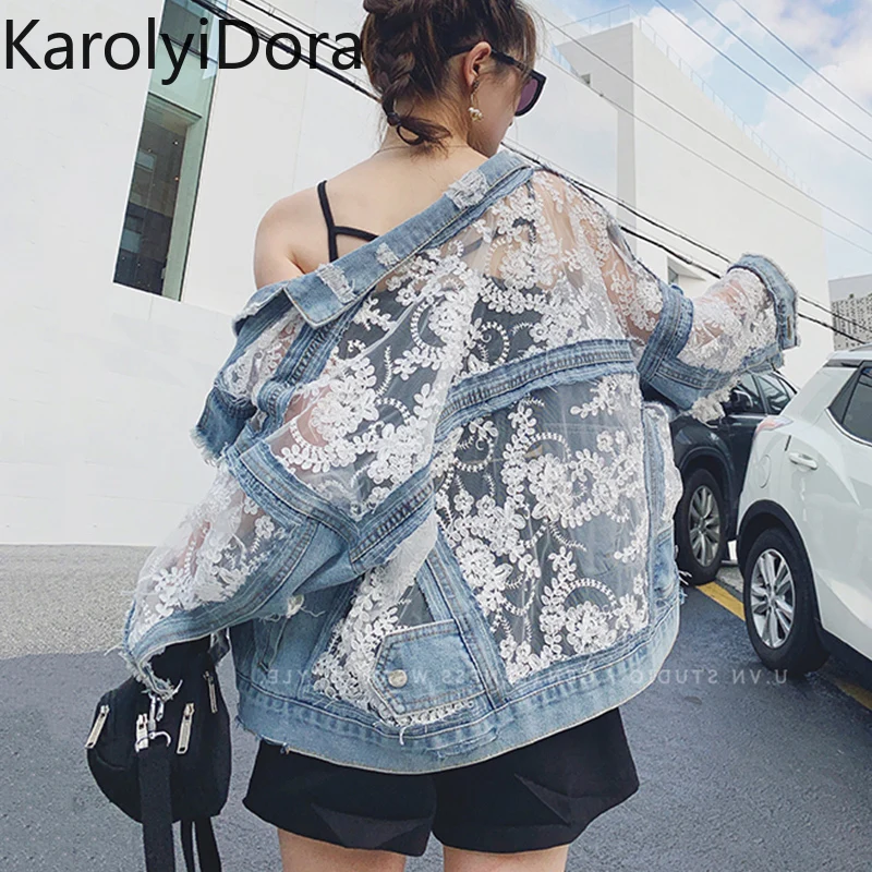 

Streetwear Lace Patchwork Jean Hole Denim Jacket Coat Women Oversized Long Sleeve Perspective Flower Embroidery Loose Overcoat