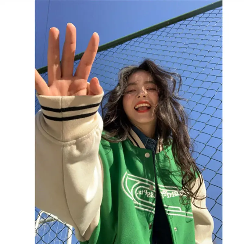 

Women's Letter Embroidery Baseball Jacket Color Block Vintage Harajuku Jacket 2021 Autumn Oversized V-Neck Coats Streetwear Ins