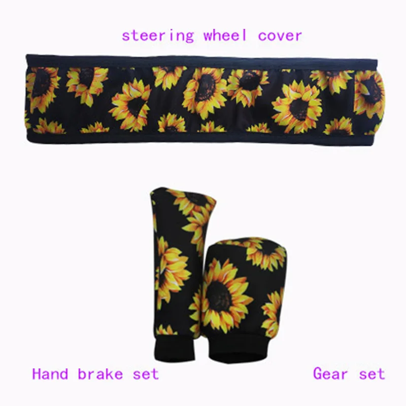 3Pcs Steering Wheel Cover Accessories Handbrake Set Sunflower Print Car