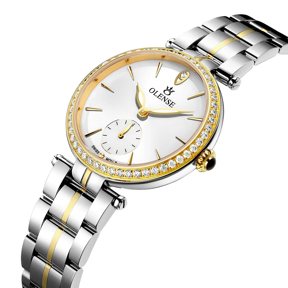 Quartz Watches For Women Sapphire Crystal Wristwatch Diamonds OLENSE LQ8036 Electroplate 316L Stainless Steel Ladies Watch Reloj