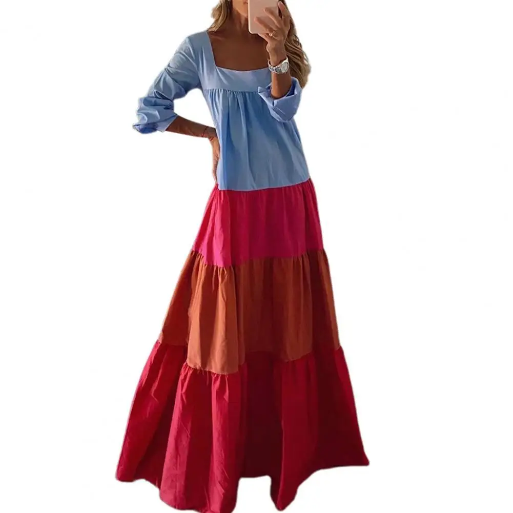 

Stylish Maxi Dress Color Block Summer Beach Dress A-Line Folds Maxi Dress