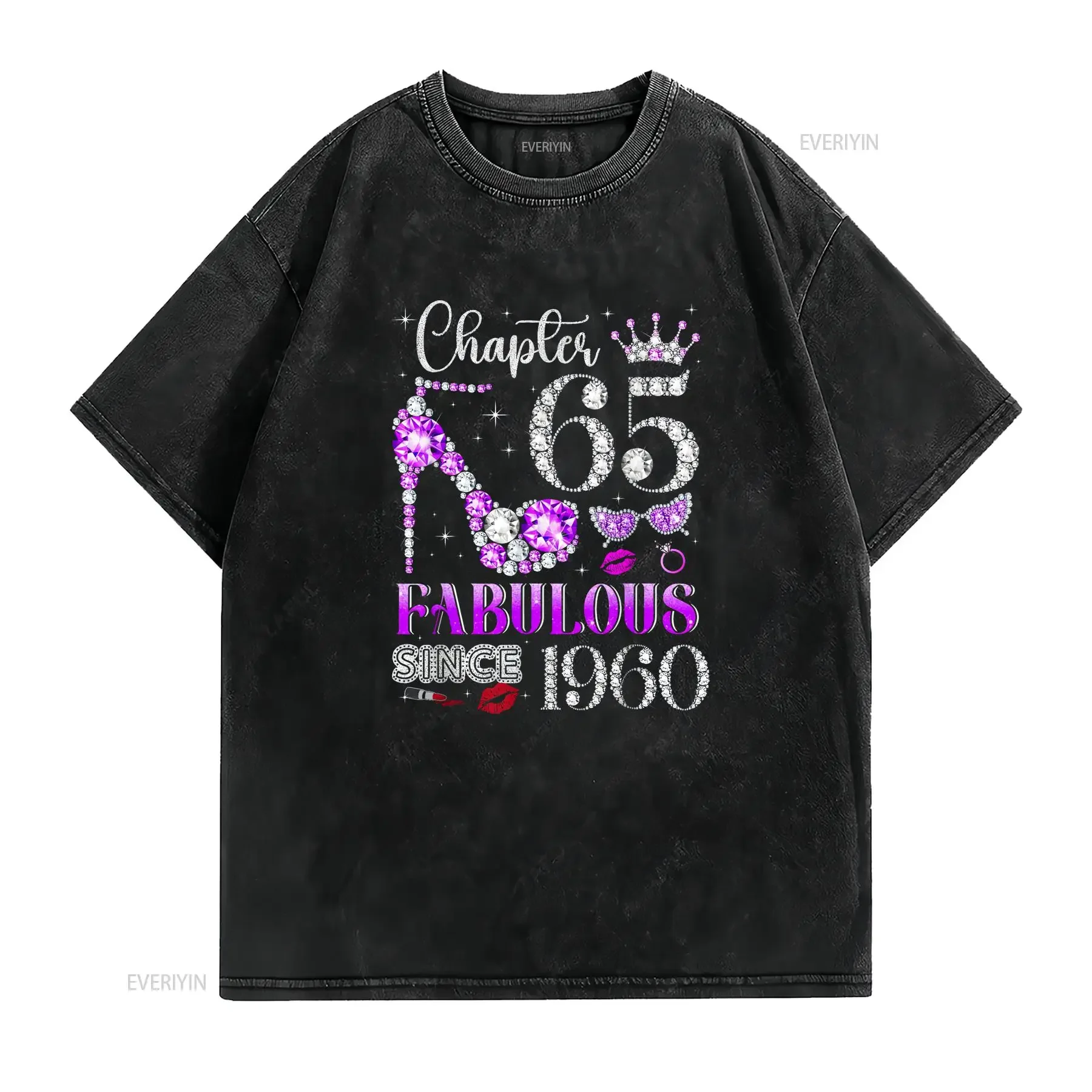 Фото Футболка для женщин и девушек к 65-летию, коллекция Chapter 65 Fabulous Since 1960, винтажная, с эффектом потертости, унисекс, дизайнерская одежда, стильная уличная одежда №2