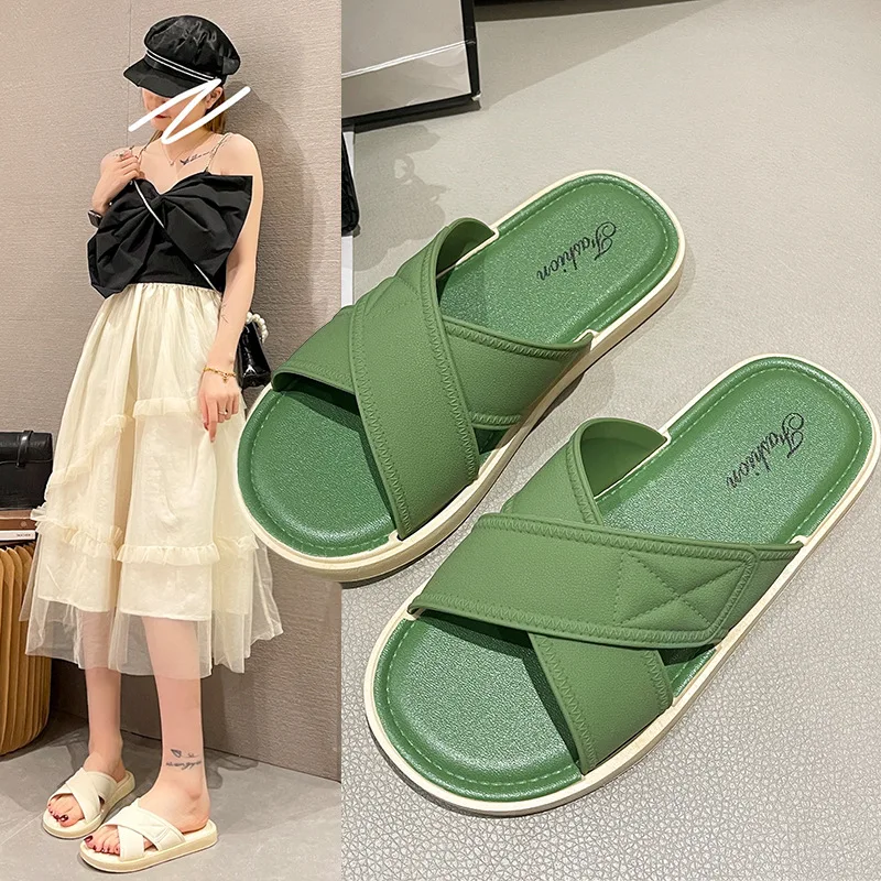 

Summer Slippers Women 2023 Fashion Outdoor Lady Slippers Casual Flat Ladies Shoes Round Head Solid Color Sandals Woman Sandalias