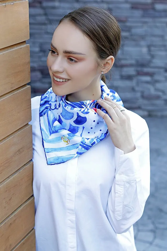 

WOMEN SCARF BANDANA ACCESSORIES GIFT COLORFUL TWİLL SCARF SHAWL TROPICAL BLUE
