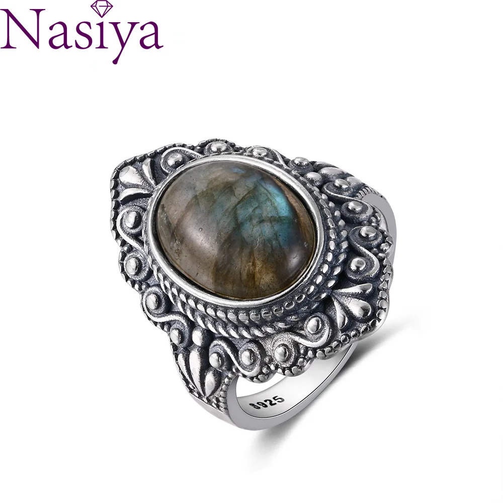 Nasiya-anillos de labradorita Natural ovalados Vintage para mujer, anillo de plata, joyería, anillo de dedo, anillos de piedras preciosas, regalo de fiesta