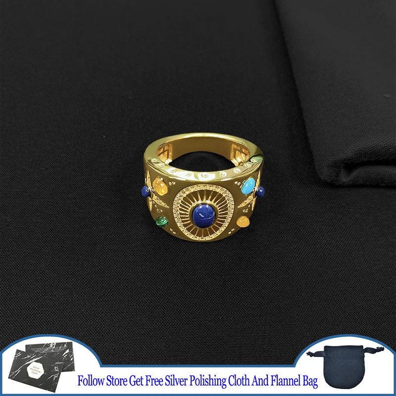 

Wide Version Colorful Stone Tribal Totem Ring S925 Sterling Silver Infinite Charm Crystal Clear Religious Style Party Jewelry