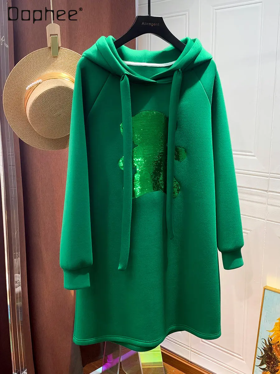 Loose Green Mid-Length Hoodies Women Overzise 2022 Autumn New Casual Ladies Sequined Bear Long Sleeve Hooded Sweatshirt Coats