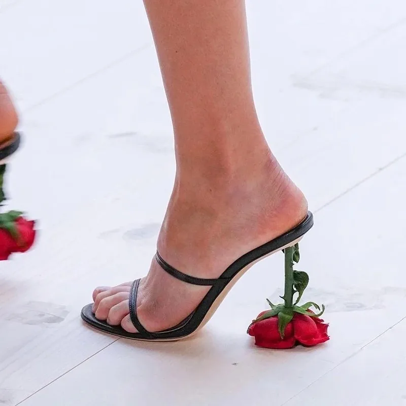 

New Arrival Open Toe Red Rose Flower Embellished Heel Women's Slippers Sexy Narrow Band Hollow Slingbackls Shoes Black White