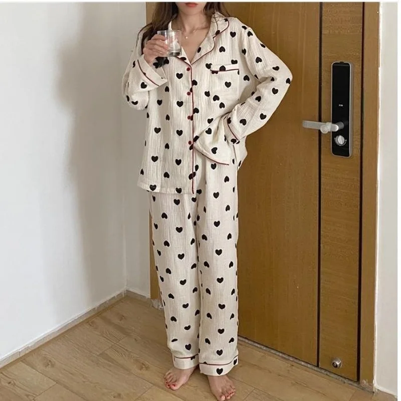 Хлопковая пижама QWEEK для женщин Корейская одежда сна с принтом сердечек Женский