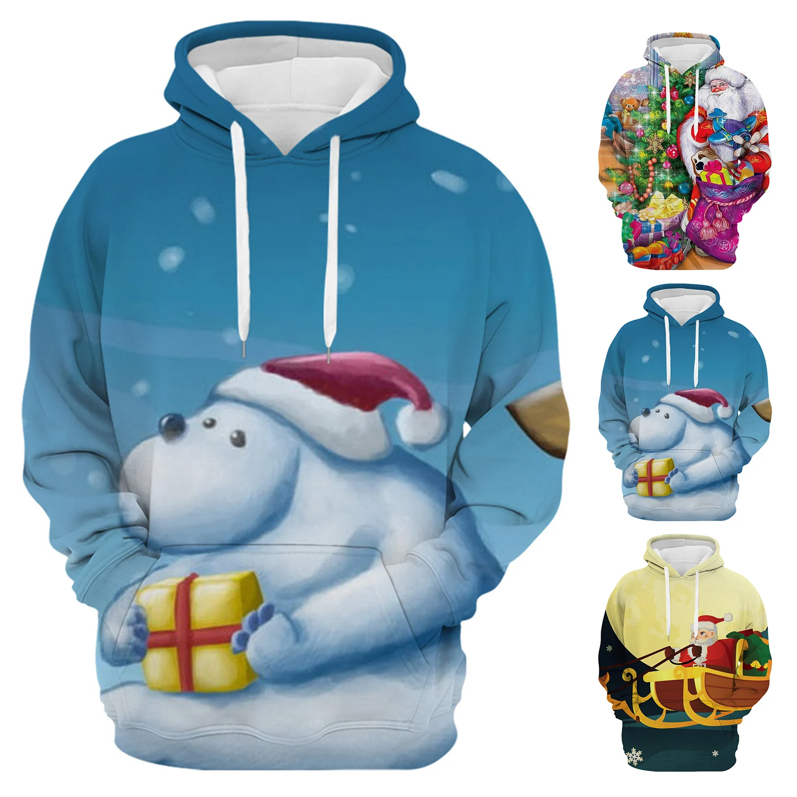 

Christmas Women And Men Long Sleeve Deer Printed Hoodies Drawstring Sweatshirts Xmas Holiday Fit Pullover Cropped Long Sleeve