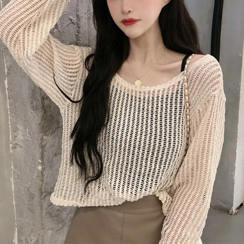 

New Summer Loose Bathing Suit Bikini Cover-ups Hollow Knitted Sun Protection Beach Wear T-shirt Long Sleeved Tops Sling Coverups