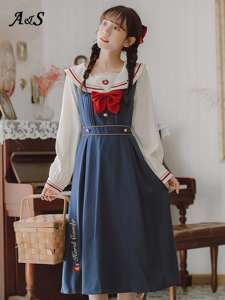 

Anbenser Japanese Lolita Sweet Dress Harajuku Sailor Collar Navy Dresses Vintage Bow Kawaii Girls Preppy Style Long Sleeve Dress