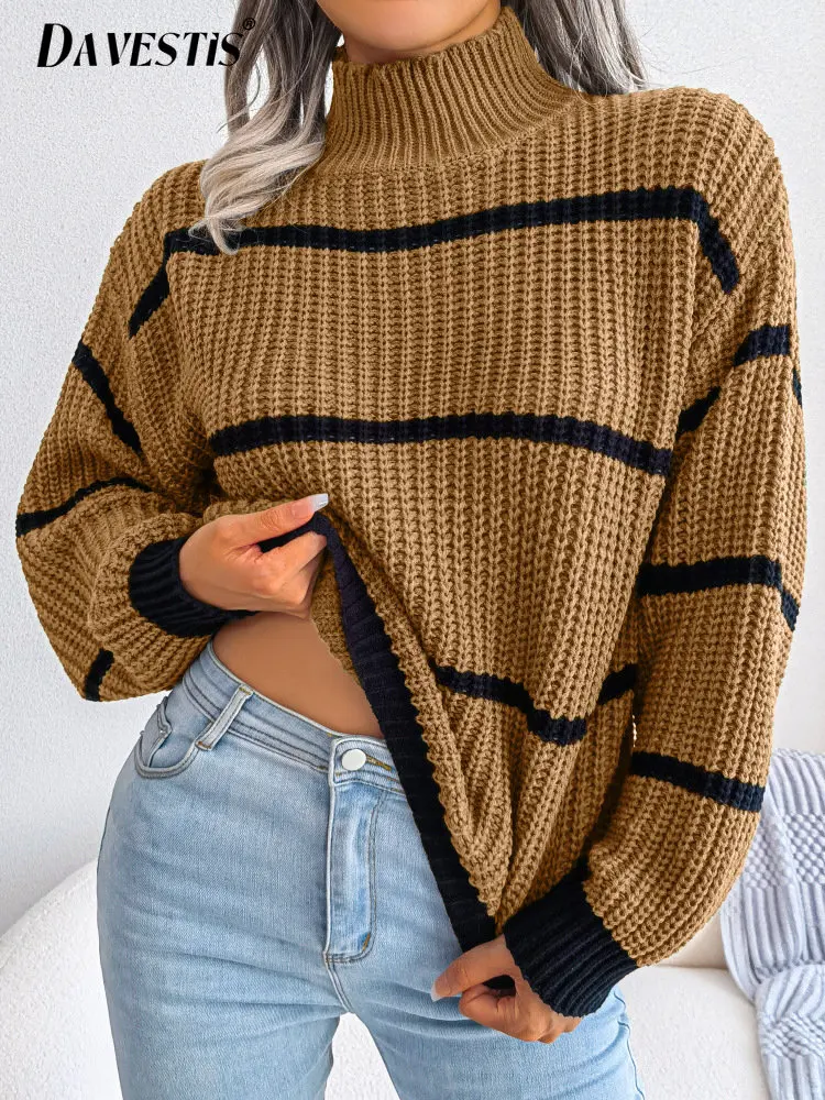 

2023 Winter Striped Half High Collar Knit Tops for Women Casual Baggy Lantern Sleeve Bottoming Sweater Lady Fashion Commuter Top